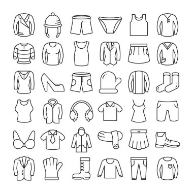 giysi, aksesuarlar ve moda elbise koleksiyonu çizgisi ikon vektörü seti
