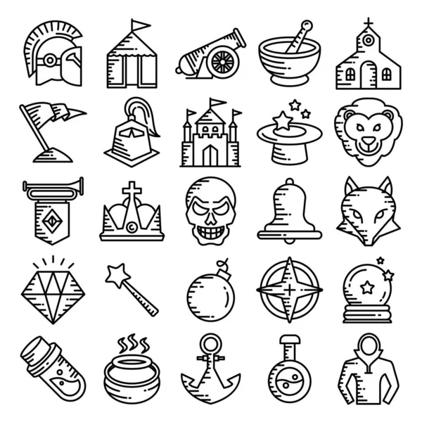 Historia Medieval Fantasía Línea Iconos Conjunto — Vector de stock