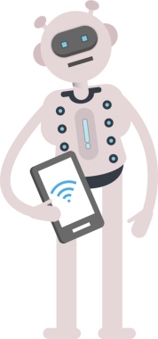 Robot Karakteri Akıllı Telefonu Tutuyor