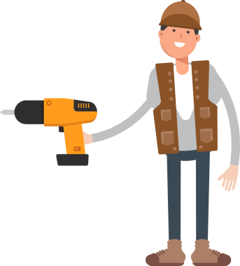 Erkek İşçi Karakteri Matkap İllüstrasyonunu Kullanıyor