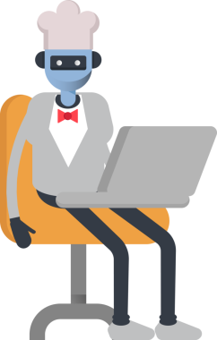 Robot İnsansı Aşçı Karakteri Laptop üzerinde çalışıyor