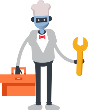 Robot İnsansı Şef Karakteri Araç Kutusu ve Anahtarı Tutuyor