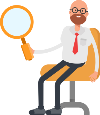 Kel İşadamı Karakteri Oturan ve Tutan Büyüteç