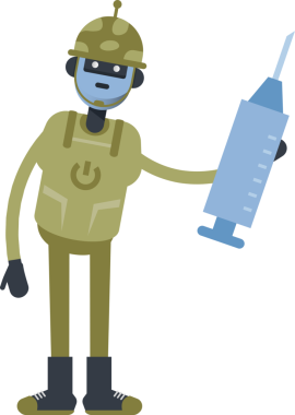 Asker Robot Karakteri Tıbbi Şırınga İllüstrasyonu