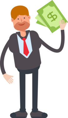 İşadamı Karakteri Bir Dolarlık Banknotlar Tutuyor