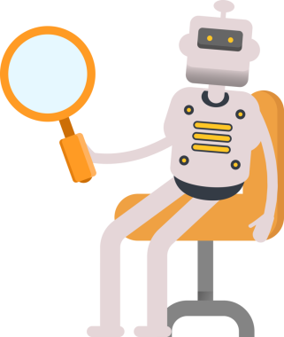 İnsansı Robot Karakteri Oturan ve Tutan Büyüteç