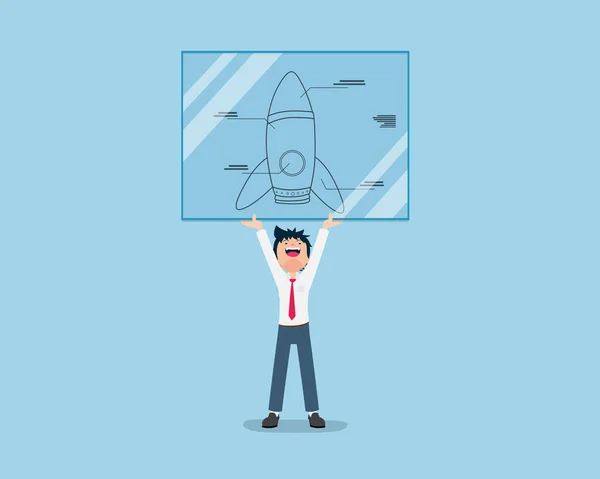 Salary Man Holding Blueprint Rocket Display Monitor — Stock Vector