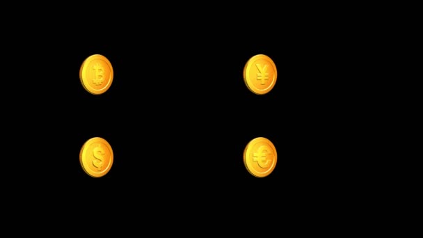 4Kすべてのコイン2垂直ローバス円ドルユーロBitcoin漫画シェイドカラーコインは回転しています2垂直行 — ストック動画