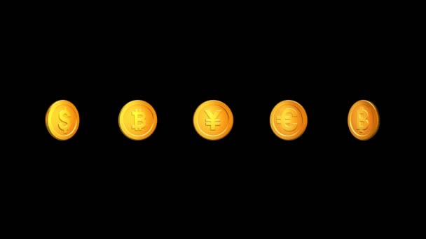 Todas Moedas Horizontal Rowbath Yen Dollar Euro Bitcoincartoon Sombra Moedas — Vídeo de Stock