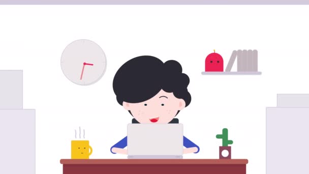 Animation Loop Cute Cartoon Character Working Office Room — Stock video
