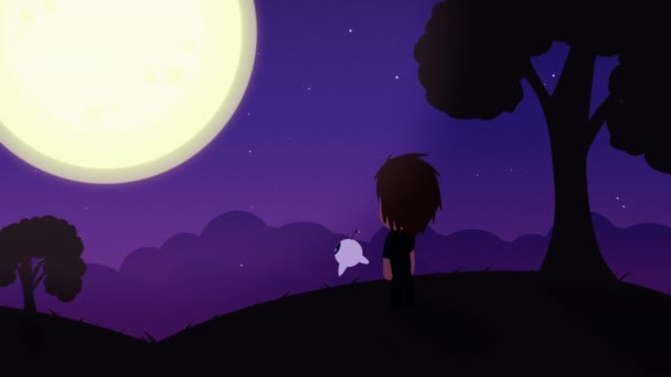 Animation Mignon Dessin Animé Robot Voir Lune Dans Nuit Solitaire — Video