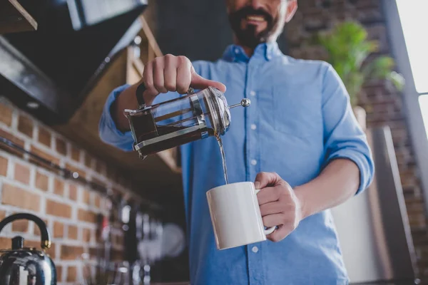 Low Angle View Happy Man Pouring Coffee Cup Morning Kitchen — Stock Photo, Image