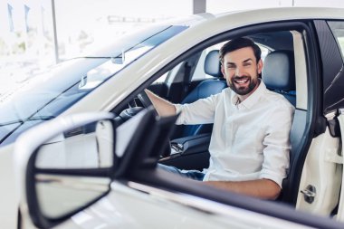 arabada oturan genç gülümseyen sakallı işadamı portresi