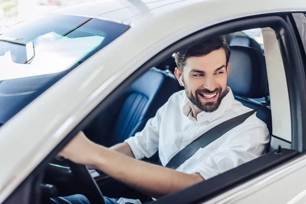 Portrait Happy Bearded Man Fasten Safety Belt Driving Car — Stock Photo, Image