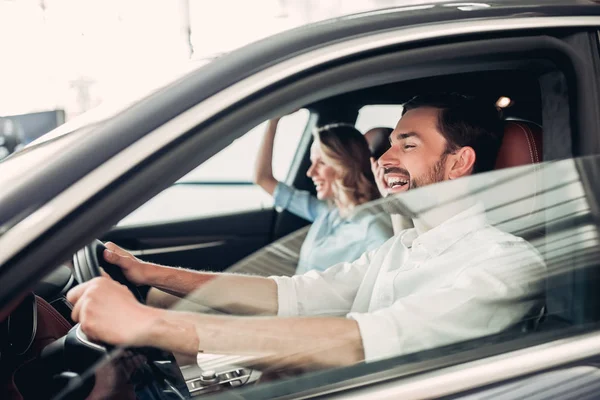 Side View Portrait Caucasian Couple Driving New Car — Stock Photo, Image