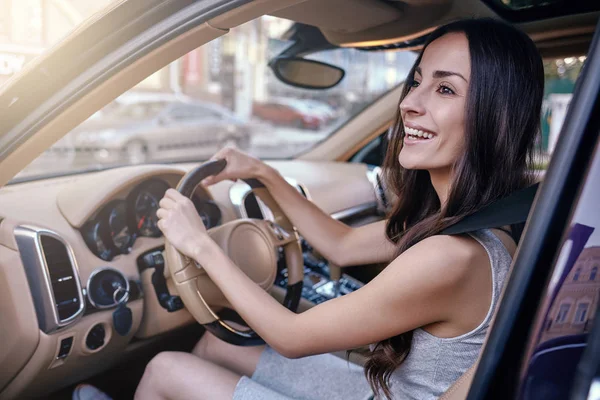 Hymyilevä Brunette Ratsastus Auto Katselee Pois — kuvapankkivalokuva