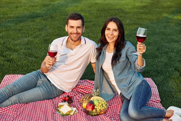 smiling couple cheering with wine glasses looking at the camera, sitting on the blanket in the park