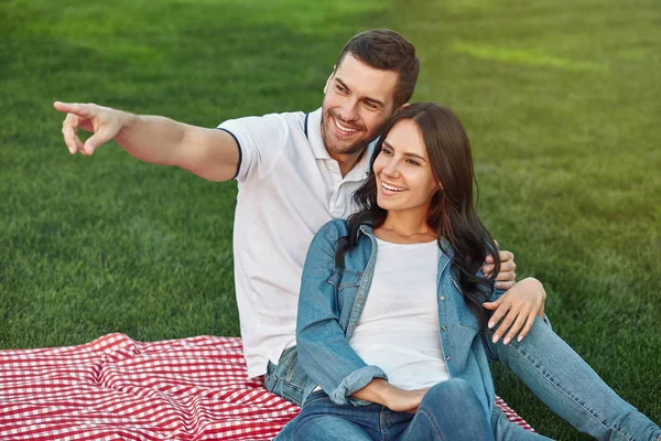 Sonriente Pareja Sentado Manta Parque Hombre Señalando Ingenio Dedo Mostrando —  Fotos de Stock