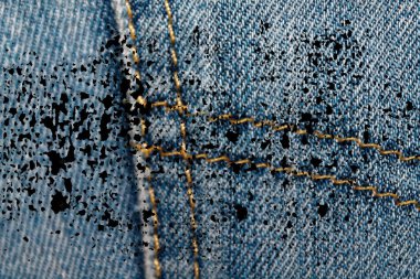 Grunge eskimiş kot cep Denim doku, web sitesi veya mobil cihazlar için makro arka plan Closeup kirli