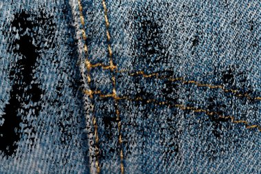 Grunge eskimiş kot cep Denim doku, web sitesi veya mobil cihazlar için makro arka plan Closeup kirli