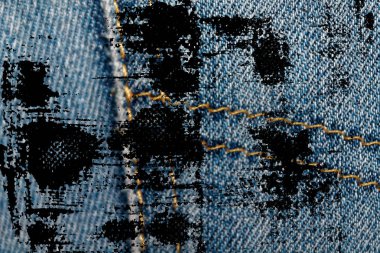 Grunge eskimiş kot cep Denim doku, web sitesi veya mobil cihazlar için makro arka plan Closeup kirli