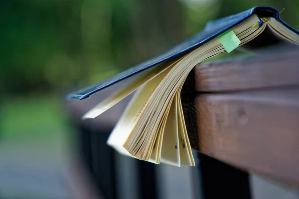 Viento pasa las páginas de cuaderno abierto se encuentra en pasamanos de madera en el parque, concepto de negocio —  Fotos de Stock