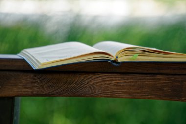 Açık defter yalanlar üzerine park, iş kavramı ahşap Küpeşte