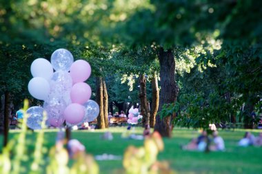 Kiev - Ukrayna, 11.08.2018: Pembe balon sonbahar alanında. Komik ruh hali, kutlama, tatil olay veya parti için hazır olun.