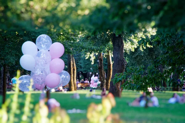 Kiev - Ukrayna, 11.08.2018: Pembe balon sonbahar alanında. Komik ruh hali, kutlama, tatil olay veya parti için hazır olun.