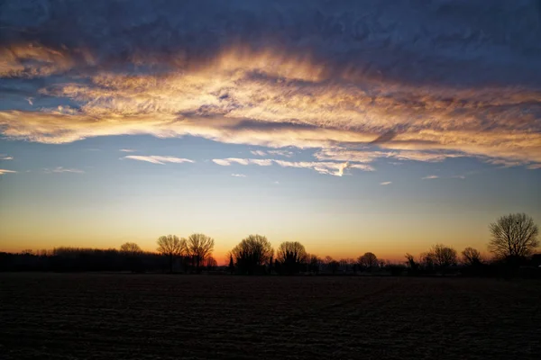 Soluppgång i fält med en molnig himmel — Stockfoto