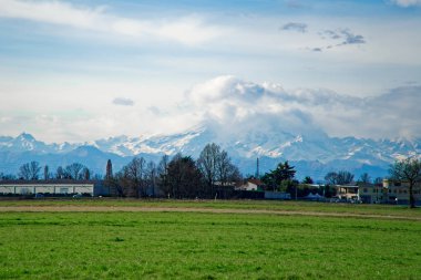 Alan mavi gökyüzü ve güneş ışını altında yeşil taze çimen.
