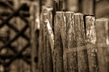 Medieval wooden stock, old wooden fence facade clipart