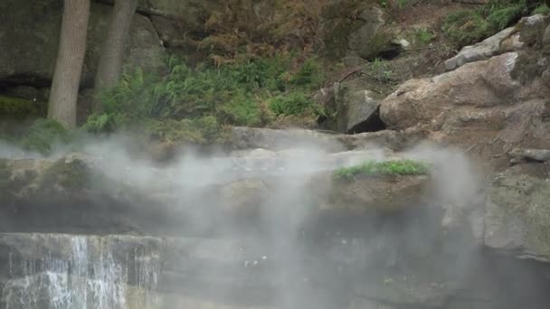Vodní pára pod vodopádem, tekoucí voda. — Stock video