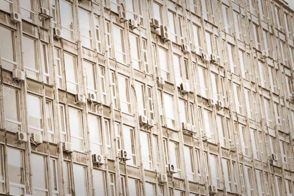 Outdoor Aircond Unit and Residential Windows in vintage style