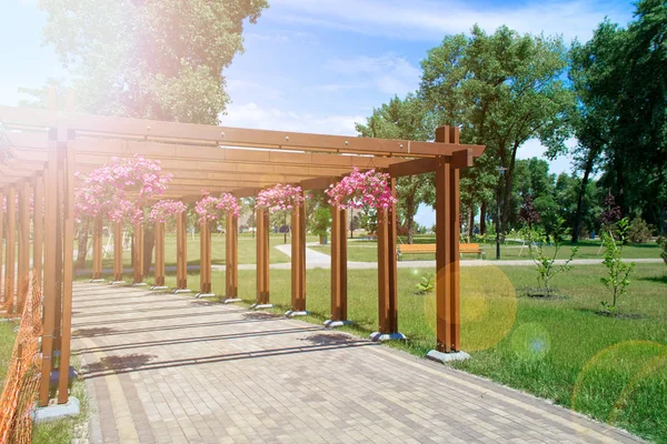 Túnel de pilares de madeira e vasos de flores, gazebo no parque. Luzes de raio solar — Fotografia de Stock