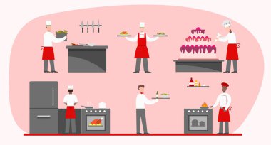 Profesyonel şef seti. Düz aşçı koleksiyonu. Restoranda yemek pişirmek. Yiyecek endüstrisi. Çizgi film karakteri. Vektör