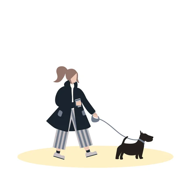 Girl in coat hold coffee cup and walks with dog on leash. Flat cartoon character on isolated white background. — Stock Vector