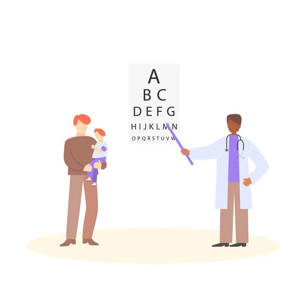 Baba ve oğul göz doktoru randevusundalar. İzole edilmiş beyaz arkaplanda düz çizgi film karakteri.