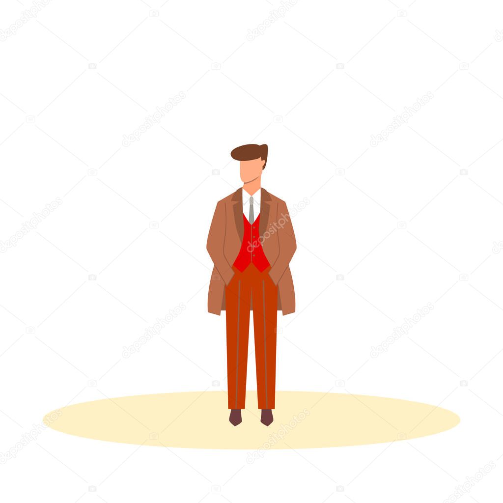 Elegant man in costume with tie and coat stands on isolated white background. Flat vector illustration.