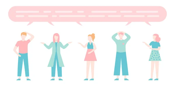 Konuşma baloncukları olan bir grup konuşan insan. Bir grup düz erkek ve kadın muhabbeti. Çizgi film karakterleri.