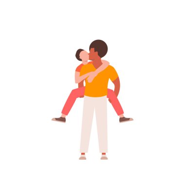 Eşcinsel çift. Diğerlerinin arkasında bir adam var. İzole edilmiş beyaz arka planda romantik eşcinsel çift. Sevgililer Günü için düz illüstrasyon.