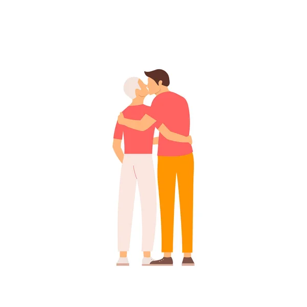 Twee homo 's omhelzen en kussen op geïsoleerde witte achtergrond. Platte illustratie voor Valentijnsdag. — Stockvector