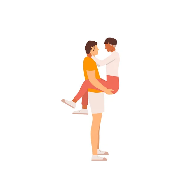Couple homosexuel. Un homme dans les bras d'un autre homo. Couple gay romantique sur fond blanc isolé. Illustration plate pour carte de vœux. — Image vectorielle