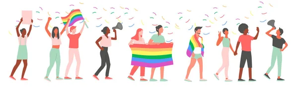Desfile del orgullo LGBT. Grupo de activistas homosexuales, lesbianas, bisexuales y transgénero con banderas y carteles en una manifestación callejera por los derechos LGBT. Ilustración vectorial. — Archivo Imágenes Vectoriales