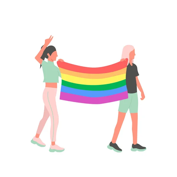 LGBTの権利のための街頭デモでLGBTの旗を持つ2人のレズビアン活動家。ベクトルイラスト。フラット — ストックベクタ