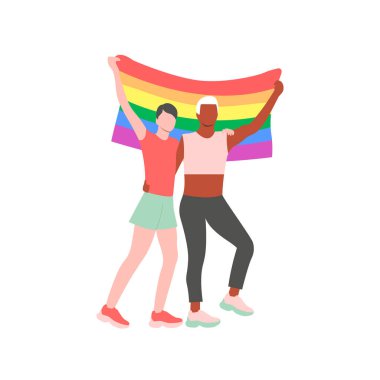 Gurur geçidinde iki eşcinsel LGBT bayrağı taşıyor. LGBTQ halk çizgi film karakteri. Düz vektör illüstrasyonu.