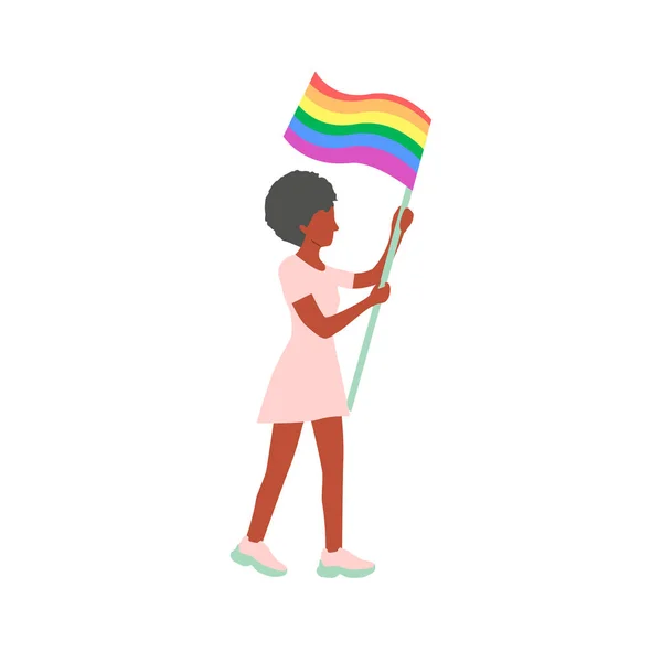 흑인 여성이 걸어서 무지개 LGBT 프라이드 플래그를 들고 있다. 성적 소수자 프라이드 행진. 벡터 일러스트. 플랫 무늬 — 스톡 벡터