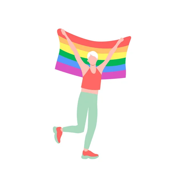 L'homme marche et tient un drapeau de fierté LGBT arc-en-ciel. Marche de la fierté LGBT. Illustration vectorielle. Conception plate — Image vectorielle