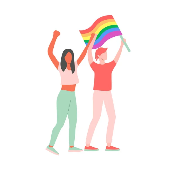 Un couple de femmes tient le drapeau LGBT lors d'un défilé de fierté. LGBTQ personnage de dessin animé communautaire. Style plat en illustration vectorielle. — Image vectorielle