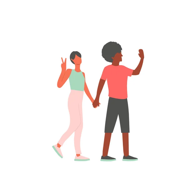 Feliz pareja negra caminando, abrazando y mostrando gesto de paz. Personaje de dibujos animados. Estilo plano en la ilustración vectorial. — Archivo Imágenes Vectoriales